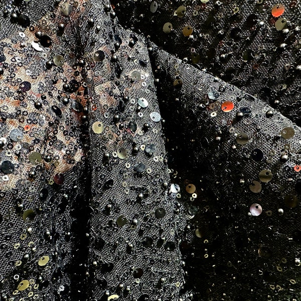 Elegant black beaded fabric,dress fabric ,Wedding Evening dress Tulle,Glitter Fabric,1 yard ,Fabric