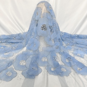 Blue floral tulle fabric,sequined floral tulle fabric,beaded lace fabric,DIY wedding bridal evening dress clothing design,mesh lace