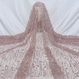 Pink Pearl Sequin Lace Fabric,Heavy Bead Lace Fabric,Bridal Dress Fabric, DIY Clothing Fabric,Embroidered Flower Dress Fabric