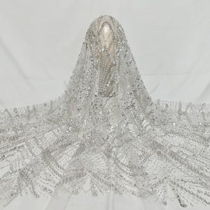White Heavy Bead Lace Fabric, Sequin Tulle Fabric, Bridal Dress Fabric, White Sequin Costume Lace, Mesh Fabric