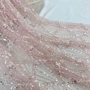 Tecido de lantejoulas rosa, tecido de renda de contas pesadas, tecido de tule perolado, design de fantasia de vestido de noite de noiva faça você mesmo