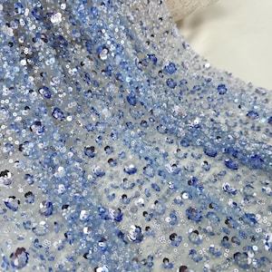 1 Yard Light Blue Heavy Sequin Lace Fabric,Flower Sequin Beaded Fabric,Tulle Fabric, Mesh Lace For Bride,Wedding,Prom Dresses