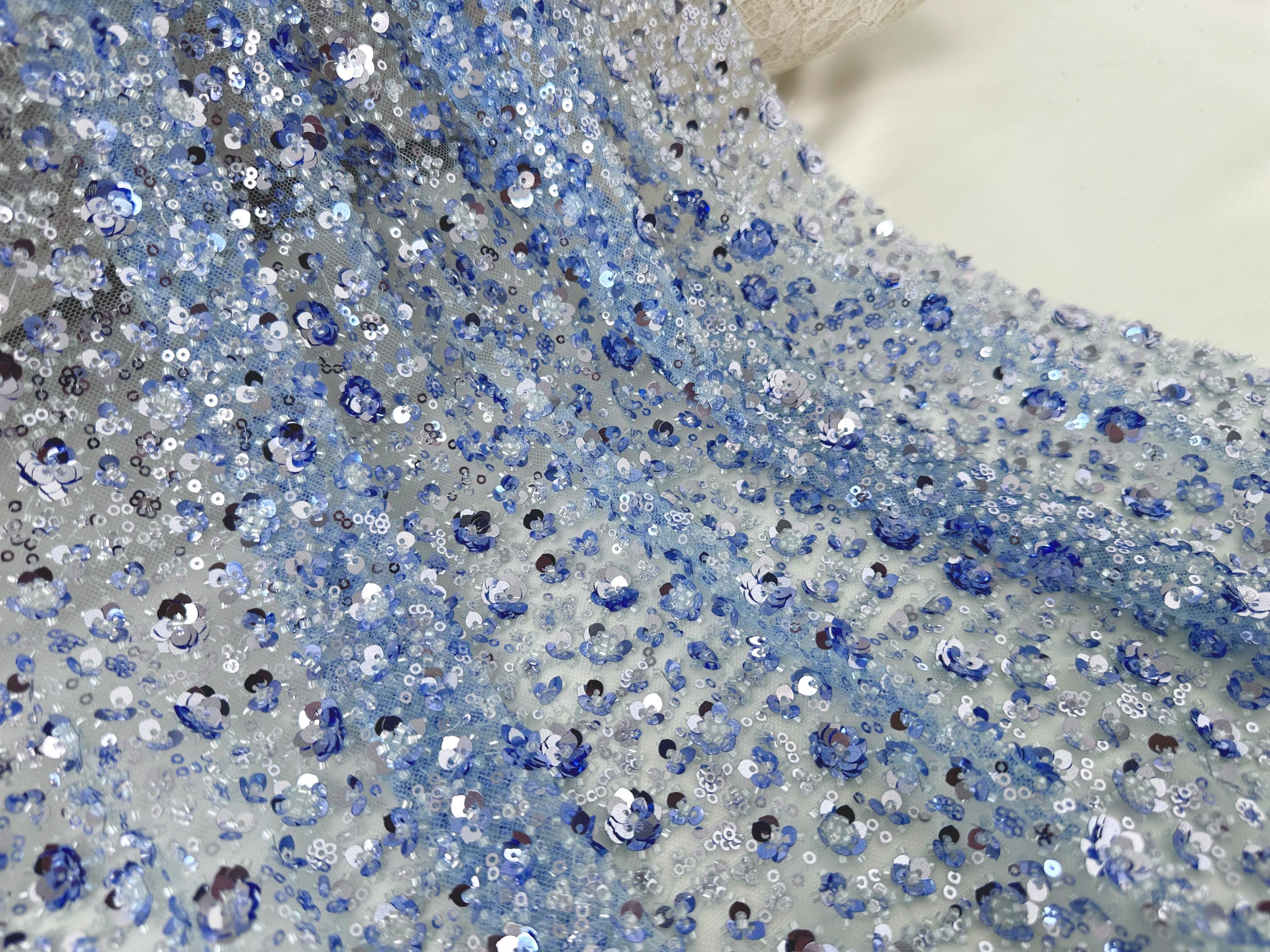 1 Yard Light Blue Heavy Sequin Lace Fabric,Flower Sequin Beaded Fabric,Tulle Fabric, Mesh Lace For Bride,Wedding,Prom Dresses