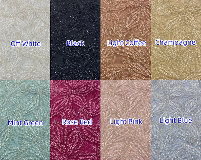 Puede incluir: Una carta de muestra que muestra diez colores diferentes de tela con cuentas. Los colores son blanco roto, negro, caf&eacute; claro, champ&aacute;n, verde menta, rojo rosa, rosa claro, azul claro, azul marino y azul real.
