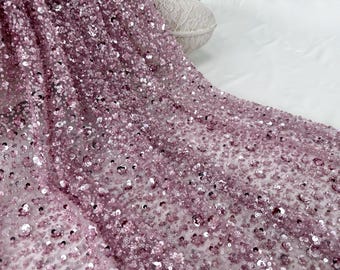 Pink sequined floral tulle fabric,luxe beaded lace,3d flower fabric,wedding lace fabric,wedding material,lace mesh
