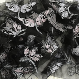 Black Tulle Fabric,Embroidery Sequins Dragonfly Lace Tulle,Soft Mesh Tulle Fabric,1 yard lace tulle