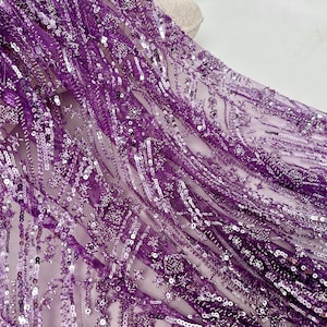 Purple Flower Beaded Fabric, Sequin Fabric, Tulle Fabric, Lace Fabric,Embroidered Tulle, For Costume, Evening Dress, Prom Dress Fabric