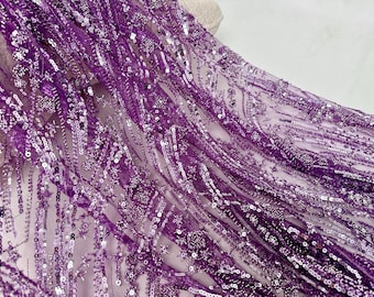 Purple Flower Beaded Fabric, Sequin Fabric, Tulle Fabric, Lace Fabric,Embroidered Tulle, For Costume, Evening Dress, Prom Dress Fabric