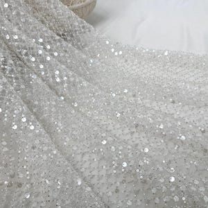 Sequin Lace Fabric,Glitter Tulle  Fabric,Sequined Tulle Fabric,Beaded Mesh Lace,Bridal Gown Fabric,White Lace Fabric,Dancing Gown Fabric