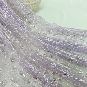 Purple beaded flower lace fabric,sequined flower dress lace,pearl sequined tulle fabric,evening dress fabric,DIY mesh fabric
