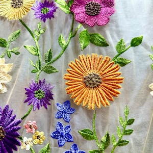 May include: A close-up of a beige mesh fabric with embroidered flowers in various colors, including yellow, orange, pink, purple, and blue. The flowers are arranged in a random pattern and are surrounded by green leaves.