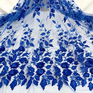 3D Flower Embroidered Tulle Fabric, Royal Blue Flower Tulle Fabric, Veil Fabric,Dress Fabric,Lace Fabric,1 Yard Lace Tulle,Fabric