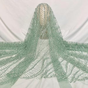 Mint Green Sequin Beads Fabric，For Party Dress, Pageant Dress, Prom Dress，Shinny Sequins Beaded Lace Fabric By Yard