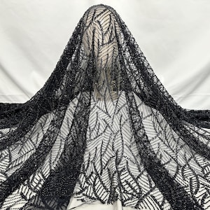 Black Fashion Beaded Fabric by the yard, Sequined Lace Fabric, Party Dress Fabric, Designer Fabric, Tulle Fabric, Mesh Fabric