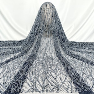 Navy Blue Beaded Lace Fabric, Sequin Lace, Evening Gown Fabric, Designer Fabrics, Tulle Fabric, Mesh Fabrics