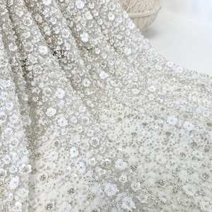 White heavy sequin lace fabric, white bridal wedding dress, ball gown tulle fabric, mesh lace, wedding material