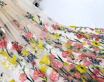 1 Yard Champagnefärgat broderat tyg, gult blommigt tyg, tygspetstyg, 3D-blomma, tylltyg, modeklänningstyg, nätspets