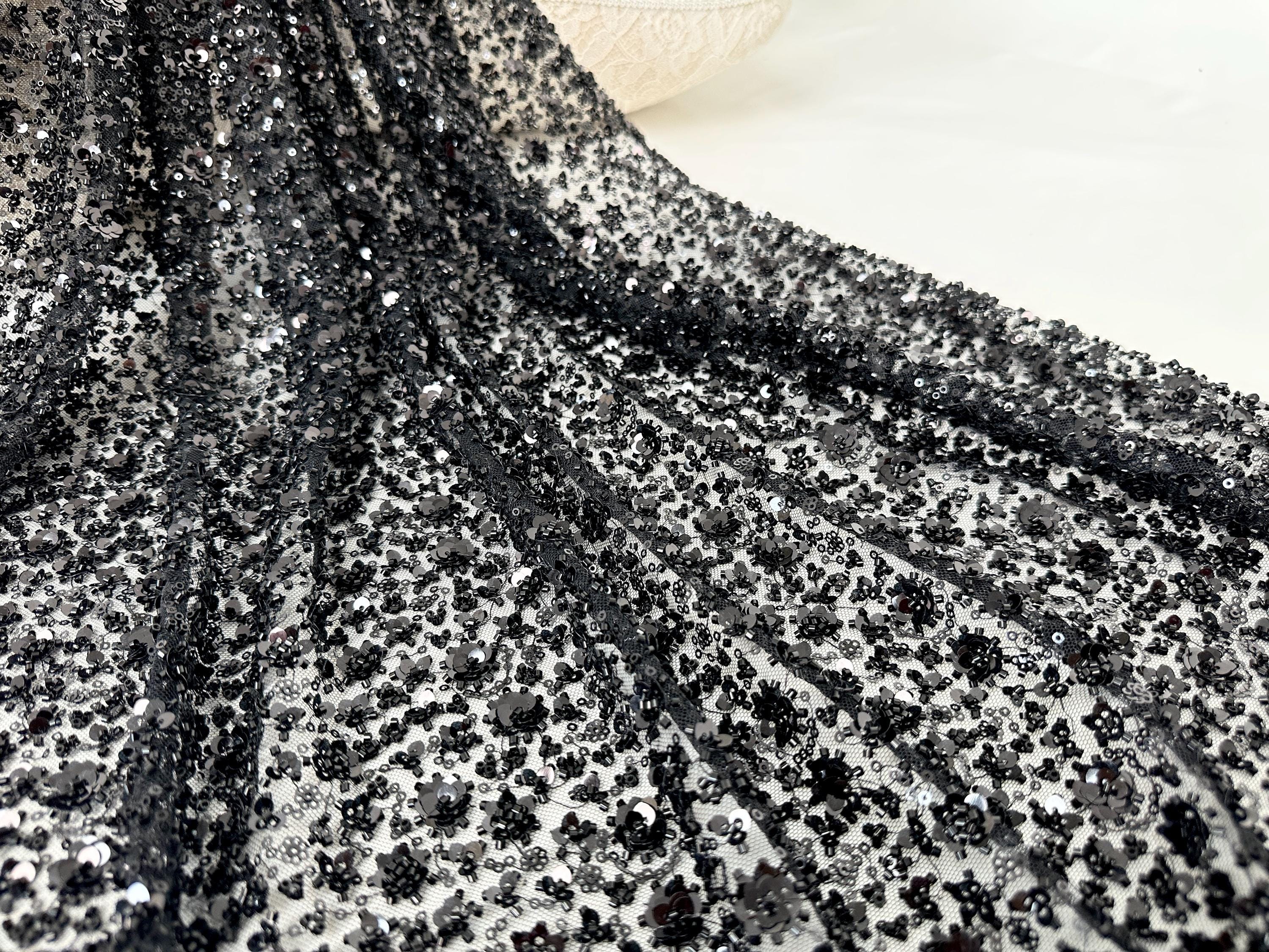 High Quality Black 3D Sequin Floral Lace Fabric,Girl Dress Fabric,Party Dress Fabric,Sequin beaded Lace,Mesh Lace,Houte Couture Fabric