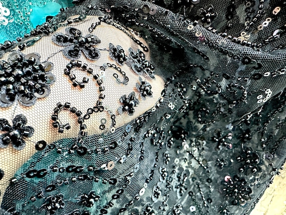 Black Beaded Lace Floral Flowers Embroidered Beads on Mesh Fabric hand Beaded Bridal Lace Fabric by the Yard beads Lace Fabric Etsy UK