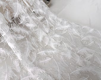 Off White Feathers Lace Fabric,Feather 3d Sequin Lace Fabric，For Gown Tutu Dress Wedding Dress Bridal Veil