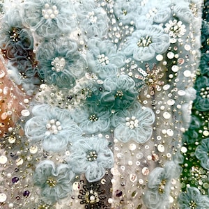 Blue Beaded Wedding Dress Fabric，sequin beaded lace,wedding lace fabric,Bridal Evening Dress Costume Handcrafts fabric  by the yard