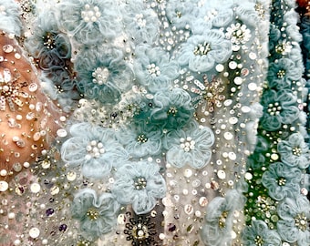 Blue Beaded Wedding Dress Fabric，sequin beaded lace,wedding lace fabric,Bridal Evening Dress Costume Handcrafts fabric  by the yard