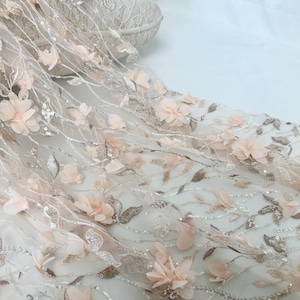 3D Flower Embroidery Lace Fabric,Tull fabric,3D Flower fabric,Sequin bead fabric for DIY Gowns,Prom Dress,Flower Girl Dress or Wedding Decor