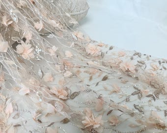 3D Flower Embroidery Lace Fabric,Tull fabric,3D Flower fabric,Sequin bead fabric for DIY Gowns,Prom Dress,Flower Girl Dress or Wedding Decor