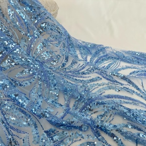 Blue floral tulle fabric,beaded lace fabric,tulle fabric with beads and sequins,lace for bride,wedding, prom,mesh fabric