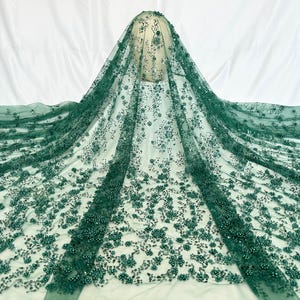 Green beaded lace fabric,flower pearl lace fabric,tulle fabric,DIY wedding dress fabric,clothing fabric,heavy bead lace,mesh lace