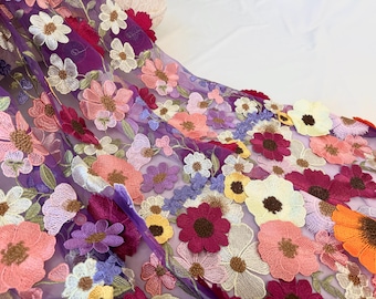 3d flowers lace fabric，Purple Embroidery Flower Lace Fabric，Mesh Tulle Fabric，Colorful Floral lace，Wedding Dress Party Dress Fabric