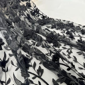 Black 3D Floral Lace Fabric,Soft Embroidered Floral Lace Fabric,Pearl Tulle Fabric, DIY Wedding Bridal Evening Dress Costume Handcrafts
