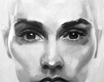 May include: Black and white portrait painting of a person's face. The subject has short hair, dark eyebrows, and a small nose ring. The eyes are dark and expressive, and the lips are full. The painting is done in a realistic style with soft shading.