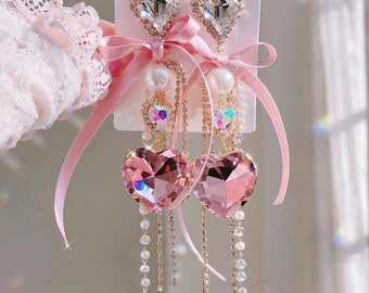 Pink Heart Earrings / Fairy Yarn Bowknot Heart Crystal Long Drop Earrings / Lolita Earrings / 90s Cute Japanese Korean Kawaii Y2K Earrings