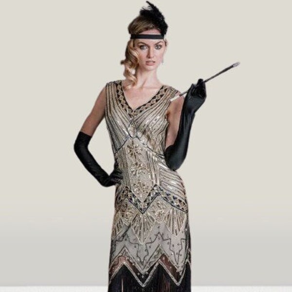 Robe Gatsby Lily, robe Flapper Gatsby, robe années 20 Flapper Great Gatsby des années folles, costume d'abbaye du centre-ville champagne