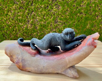 Ocean Jasper Monkey Sculpture: Hand-Carved Crystal Animal Figurine