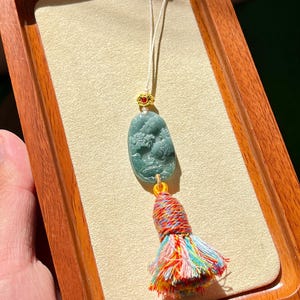 Jadeite Landscape Tassel Pendant, Hand-carved Chinese Style Keychain or Phone Charm, Natural Jade Gift, Carved Stone Ornament,Oriental Decor
