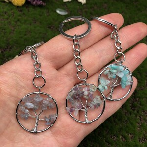 May include: Three silver tree of life keychains with different colored stones. The first keychain has light blue and green stones, the second has purple and pink stones, and the third has gray and blue stones.