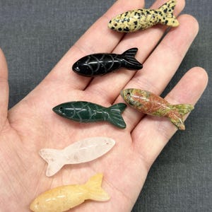 May include: Six carved stone fish figurines in a variety of colours and patterns. The fish are in shades of black, green, yellow, white, and speckled. The figurines are held in a person's hand against a grey background.