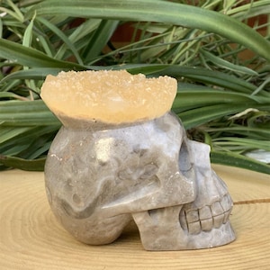 Quartz Calcite Crystal Skull: Hand-Carved Gemstone Carving