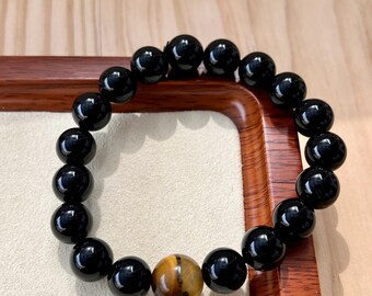 Handmade Obsidian & Tiger Eye Beaded Bracelet: Protective Jewelry