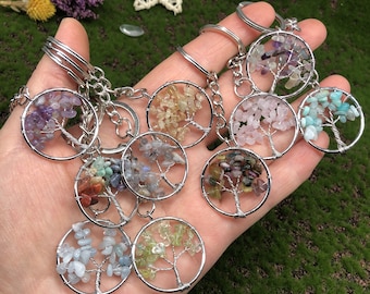 Natural Crystal Tree of life Keyrings, Crystal Stone Circle Keychains, Handmade Wire Wrapped, Gemstone Tree of Life Keychain, Handmade Gifts