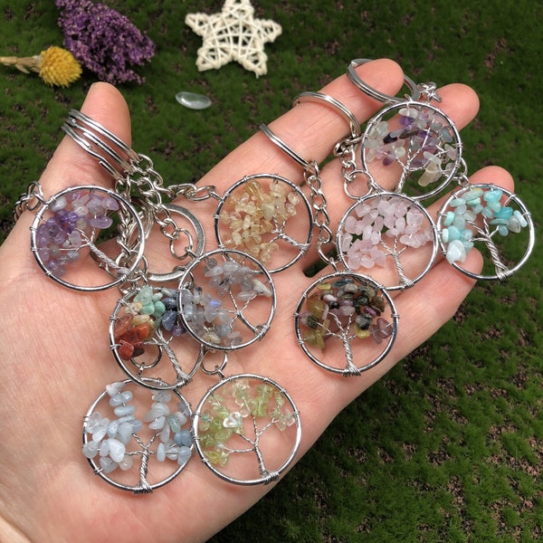 Natural Crystal Tree of life Keyrings, Crystal Stone Circle Keychains, Handmade Wire Wrapped, Gemstone Tree of Life Keychain, Handmade Gifts