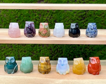 May include: A collection of small, carved owl figurines in various colors and materials, including pink, purple, green, and yellow. The owls are displayed on wooden shelves against a green background. Each owl has distinct features.