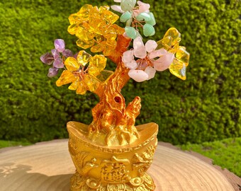 Crystal Money Tree: Gemstone Leaves on Gold Ingot Base - Feng Shui Decor