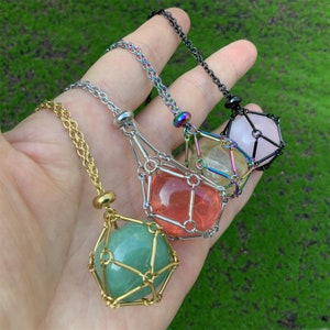 Stainless Steel Crystal Cage Necklace: Gemstone Holder Pendant