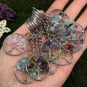 May include: A set of colorful gemstone tree of life keychains. Each keychain features a silver wire tree with a variety of gemstones, including pink, purple, green, blue, and red.