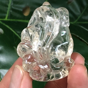 以下が含まれることがあります： 神話上の生き物の形に彫刻された透明な水晶。水晶は半透明で、滑らかで磨かれた仕上げになっています。