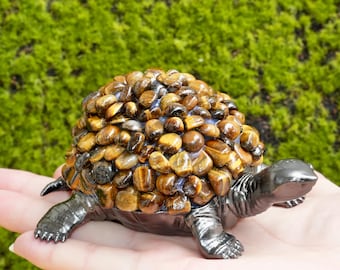 Handmade Tiger's Eye Turtle Figurine: Black Metal Crystal Animal Sculpture