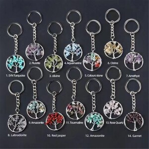 May include: Assortment of 14 gemstone tree of life keychains. Each keychain features a silver-toned tree with a different colored gemstone. The keychains are labeled with the type of gemstone used.